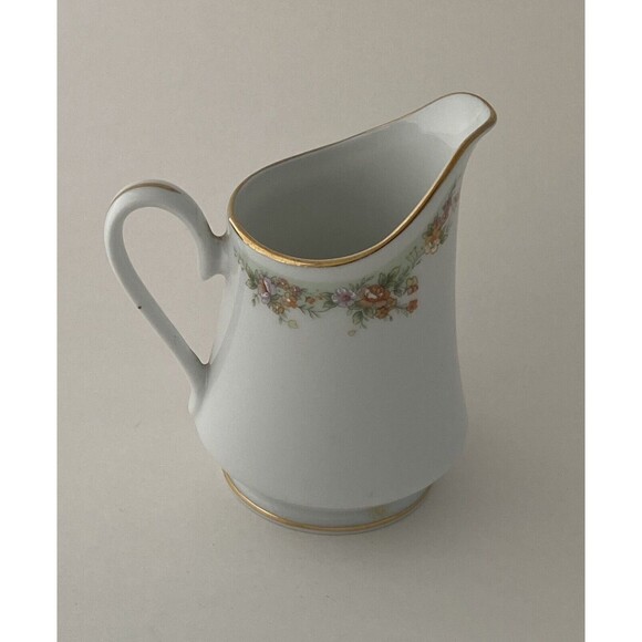 Vintage White Fine Porcelain Small 7 Ounces Creamer Gold Trimming and Flowers - Picture 1 of 10